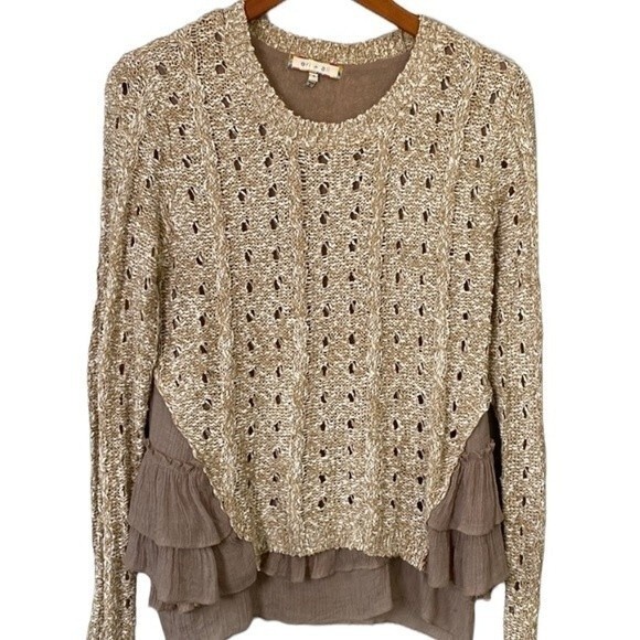 Anthropologie Eri + Ali Ruffle Mixed Media Sweater Layer Long Sleeve Loose Knit - Picture 16 of 16